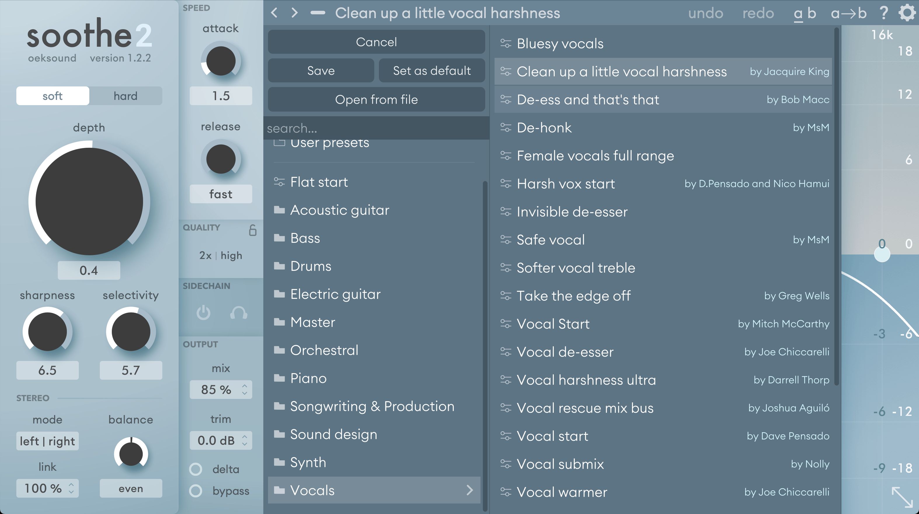 Soothe2 interface with the ‘Vocals’ preset list open