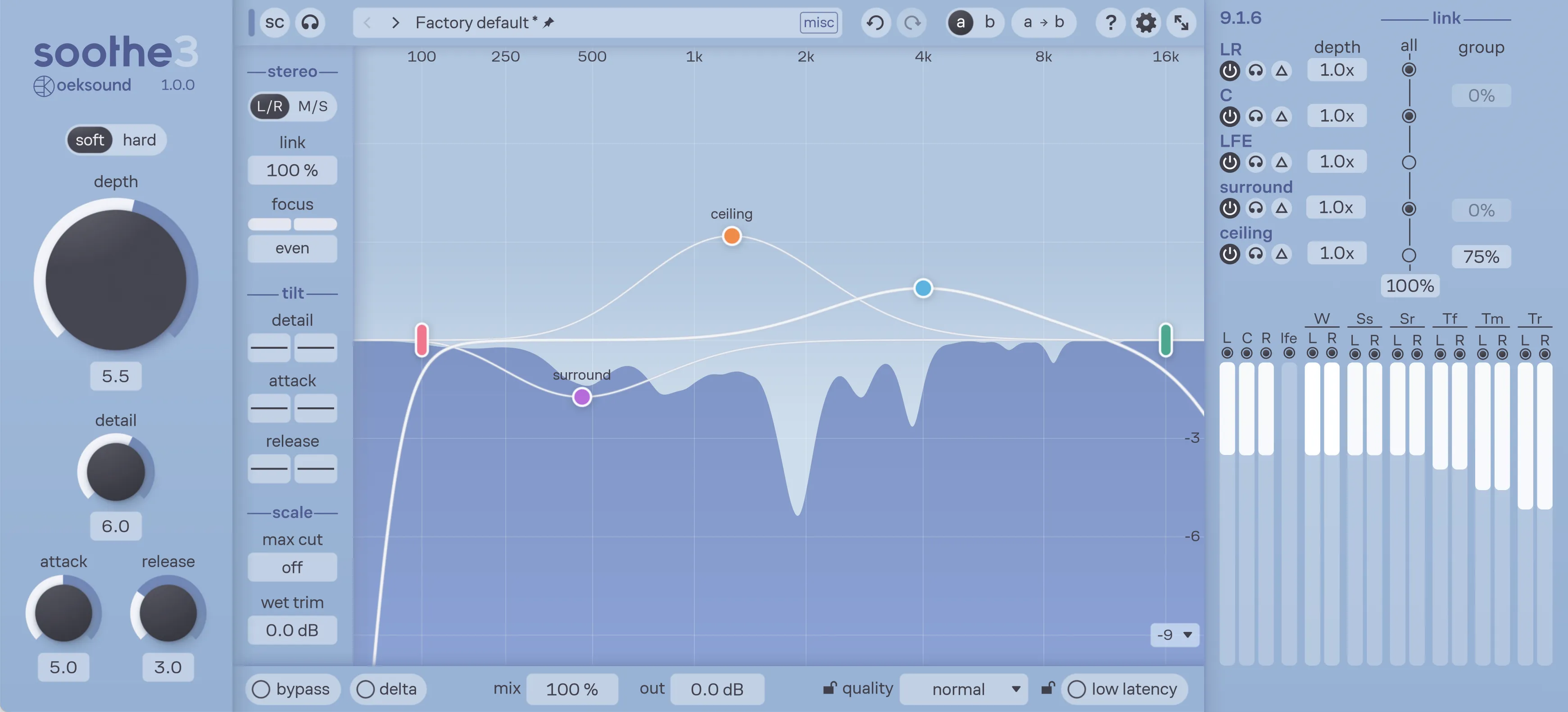 The user interface of Soothe in multichannel mode, with an additional panel to the right with metering and inter-channel linking options.