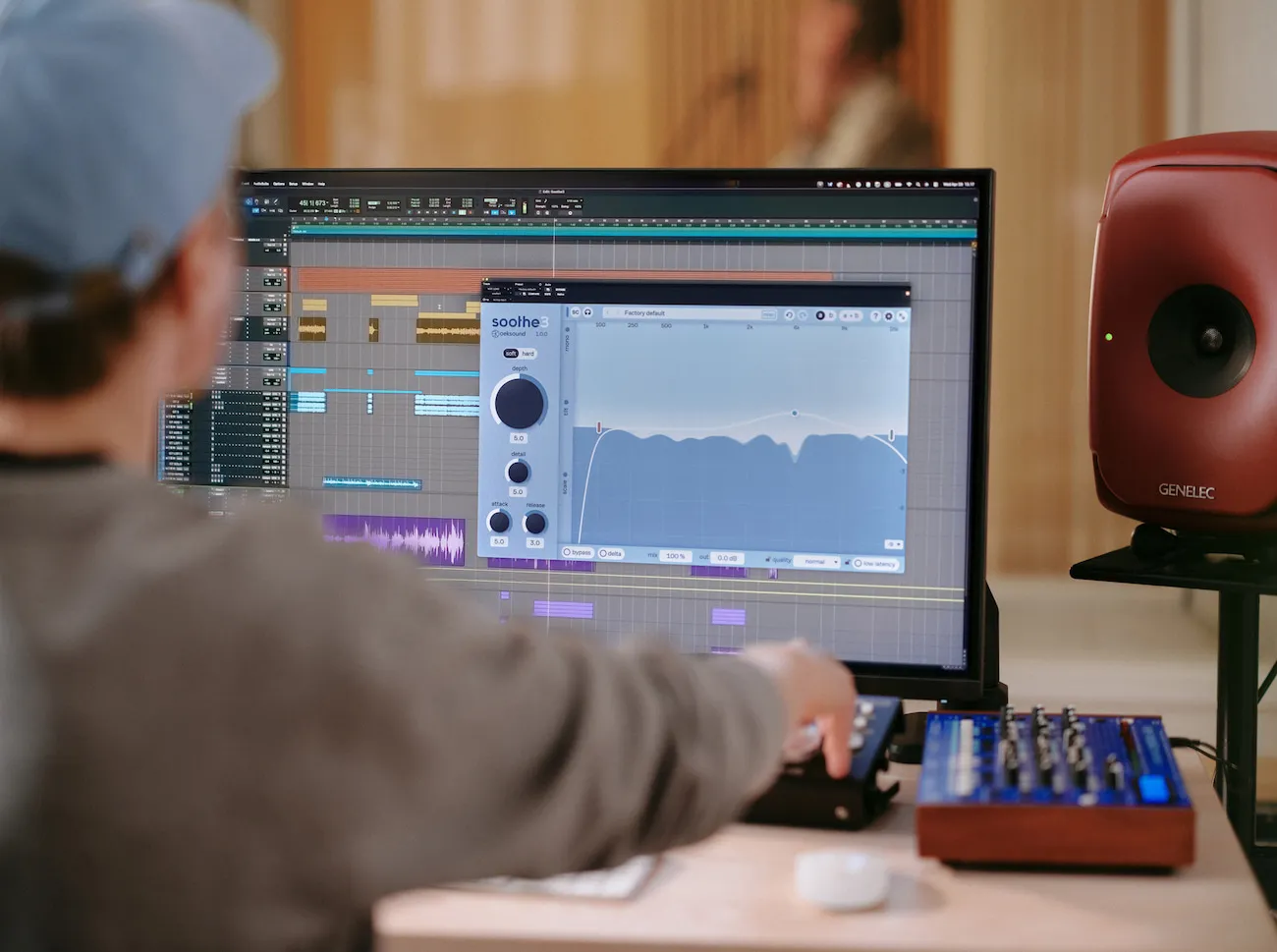 Person using Soothe3 in a studio environment, closeup view
